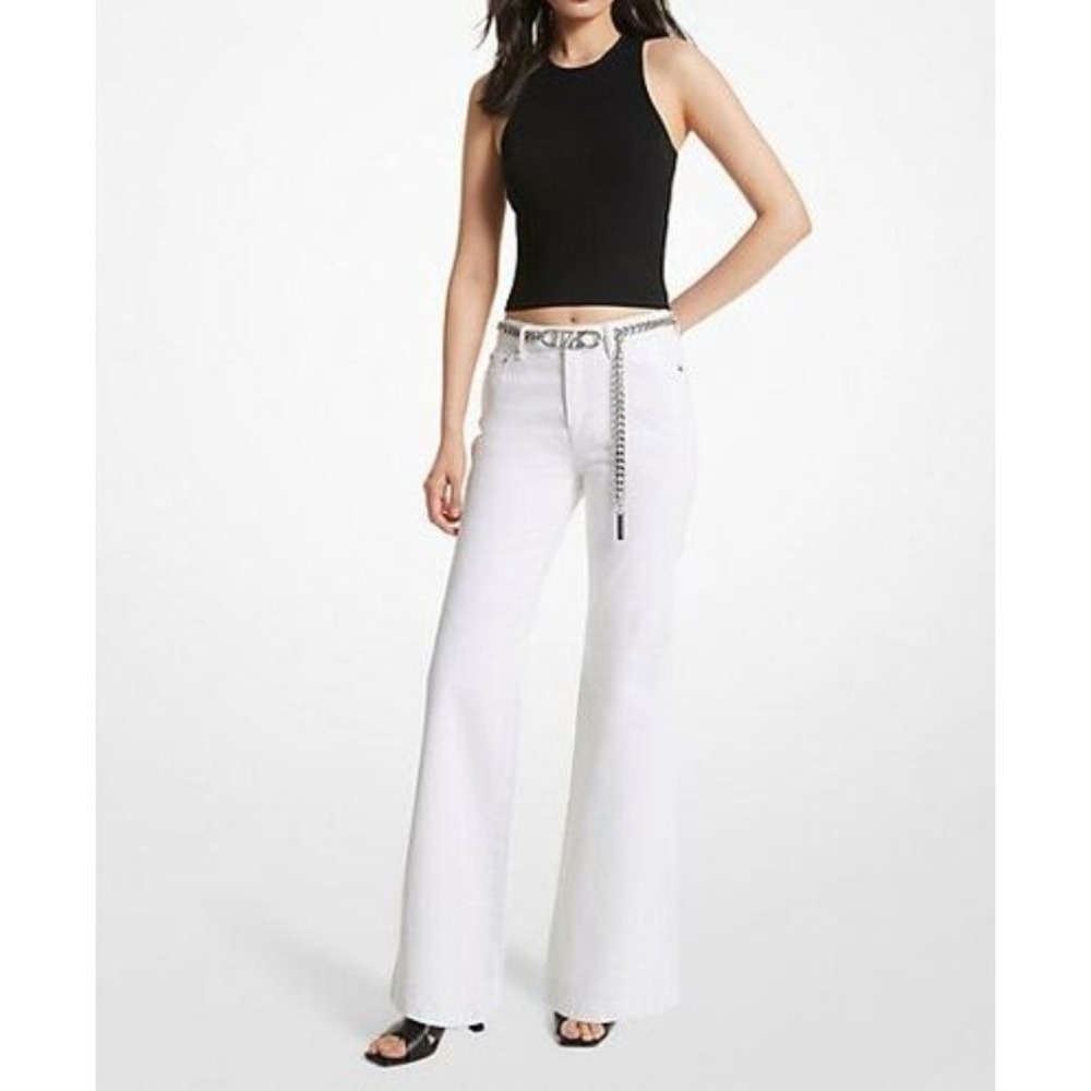 Michael Kors NWT 00 Denim Flared Jeans White Preppy Y2K Minimal - MK Chain Belt